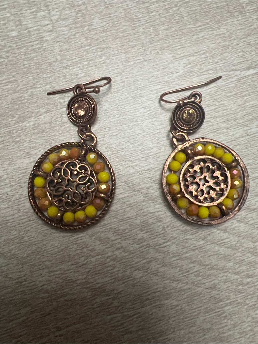 Handcrafted Yellow Bead Copper-Tone Dangle Earrings